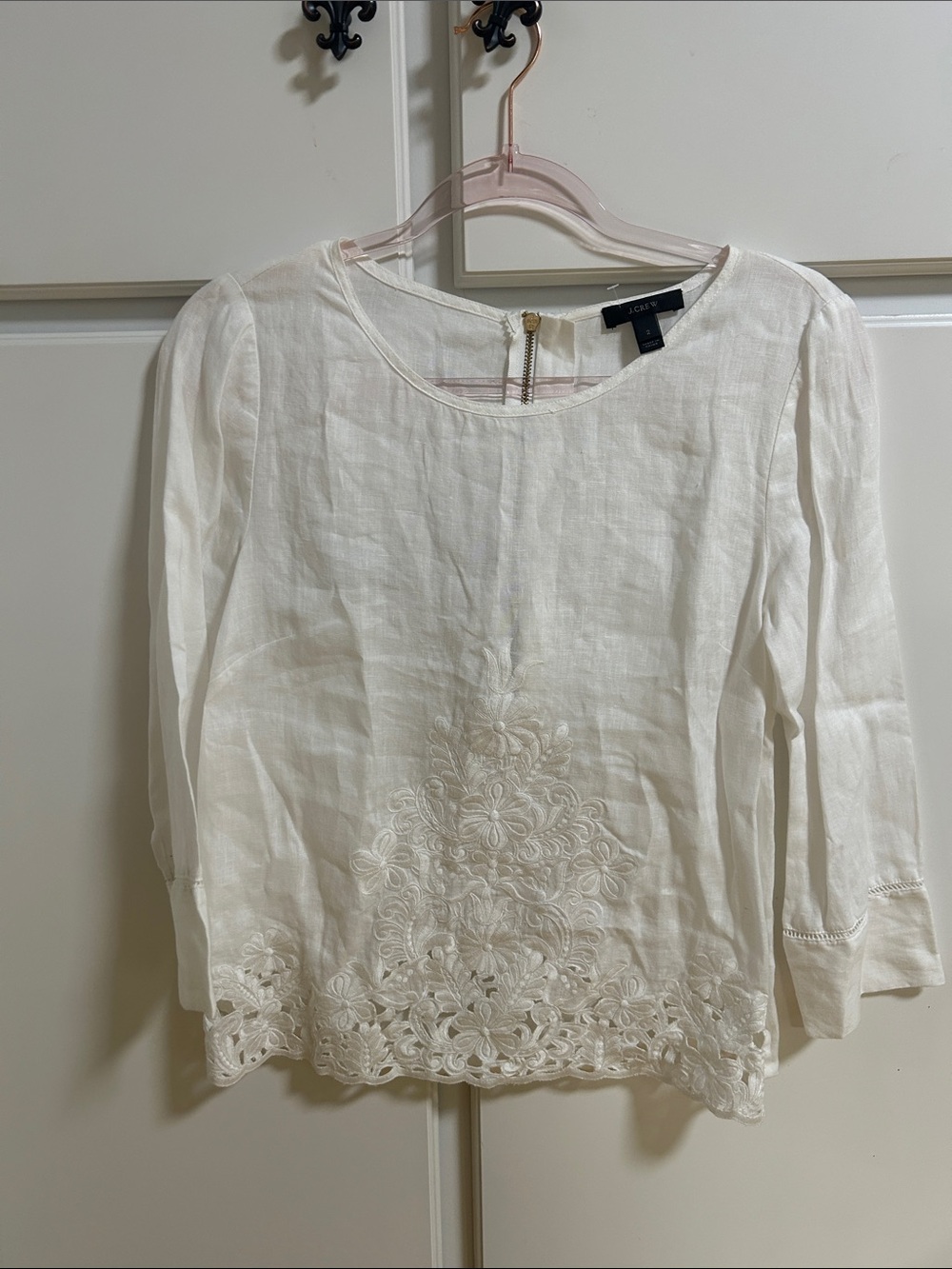 J. Crew White Embroidered Linen Blouse coquette
